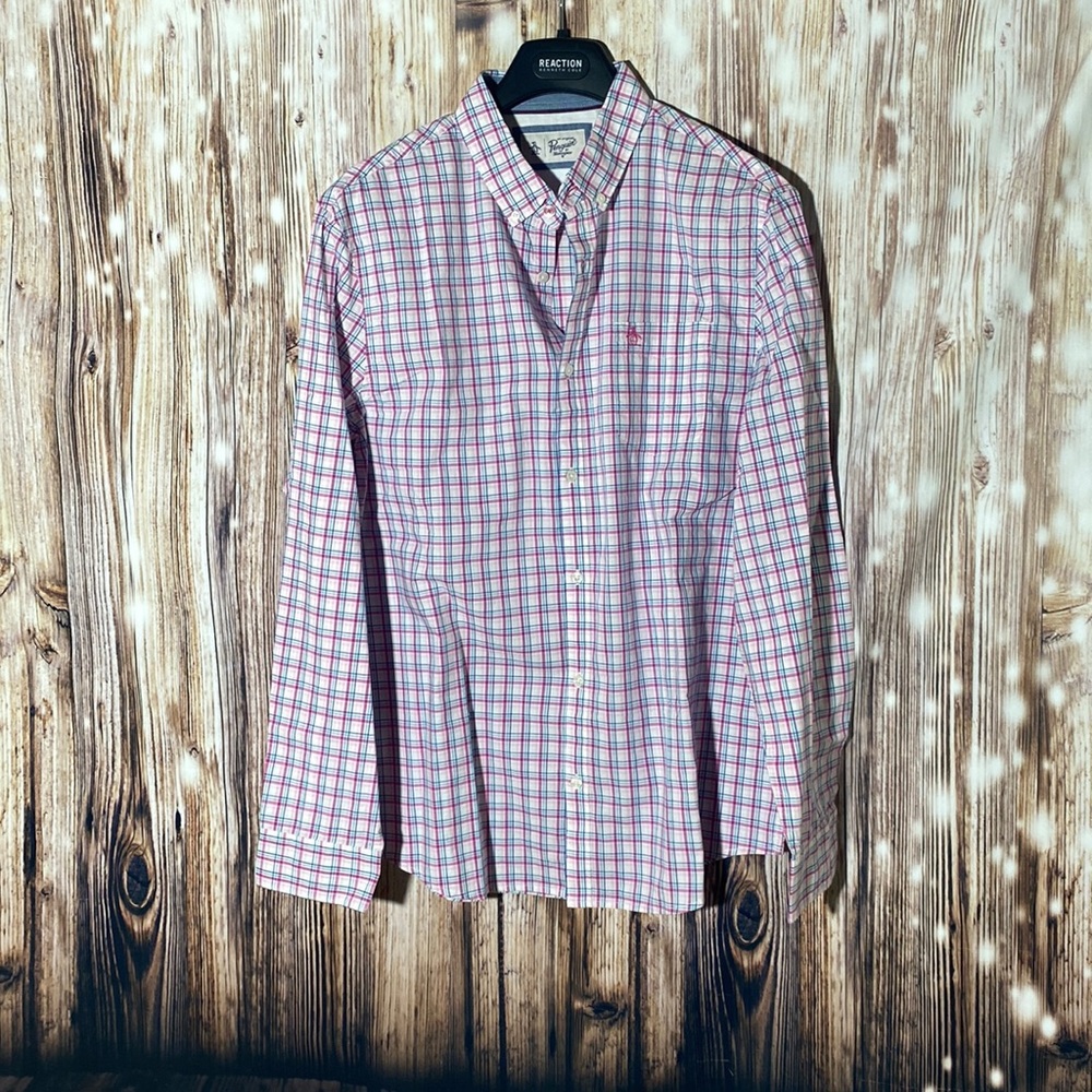 An Original Penguin Button Shirt Men's Pink Plaid Long Sleeve 100% Cotton XL